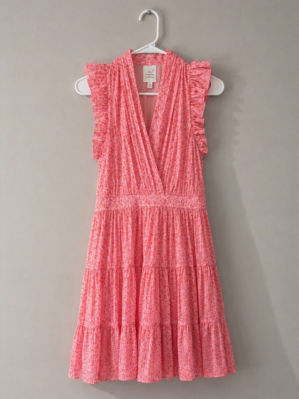 Anthropologie Cinq à Sept Nanci Floral Pink Lemonade Tiered Ruffle Mini Dress - Picture 2 of 10